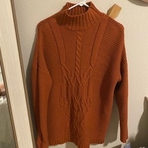 Rust Color Mock Neck Cable Knit Sweater